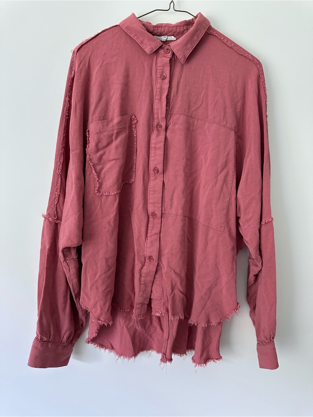 Aemi + Co Distressed Raw-Hem Button-Down Shirt Medium